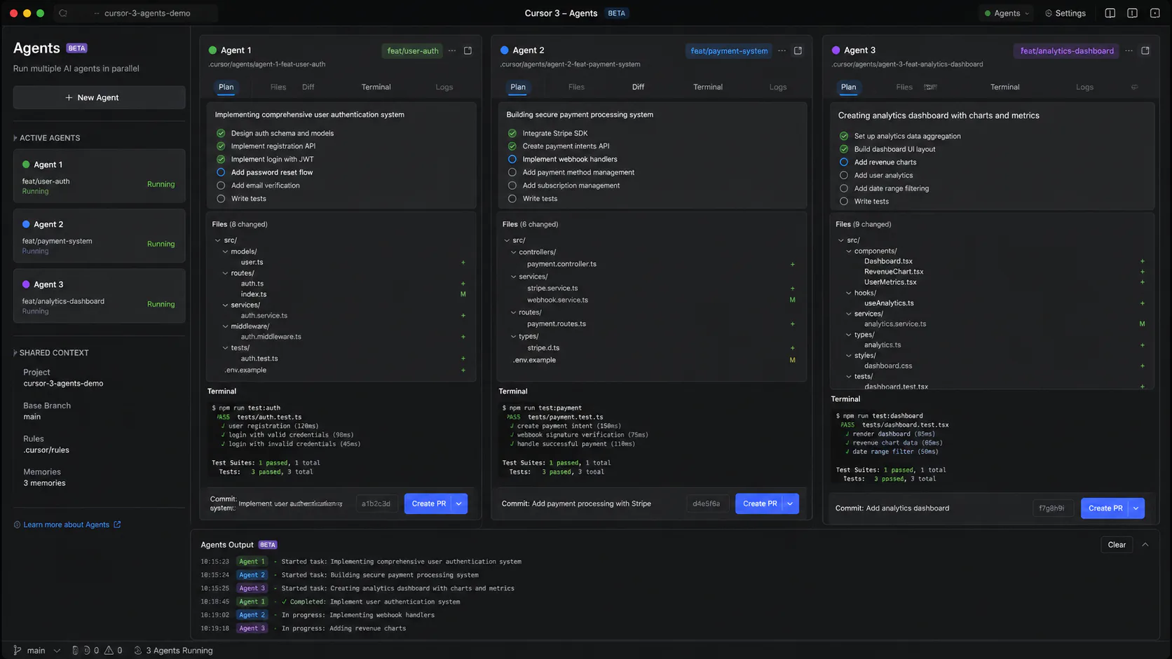 Cursor 3 Agents Window showing parallel AI agents running in isolated Git worktrees