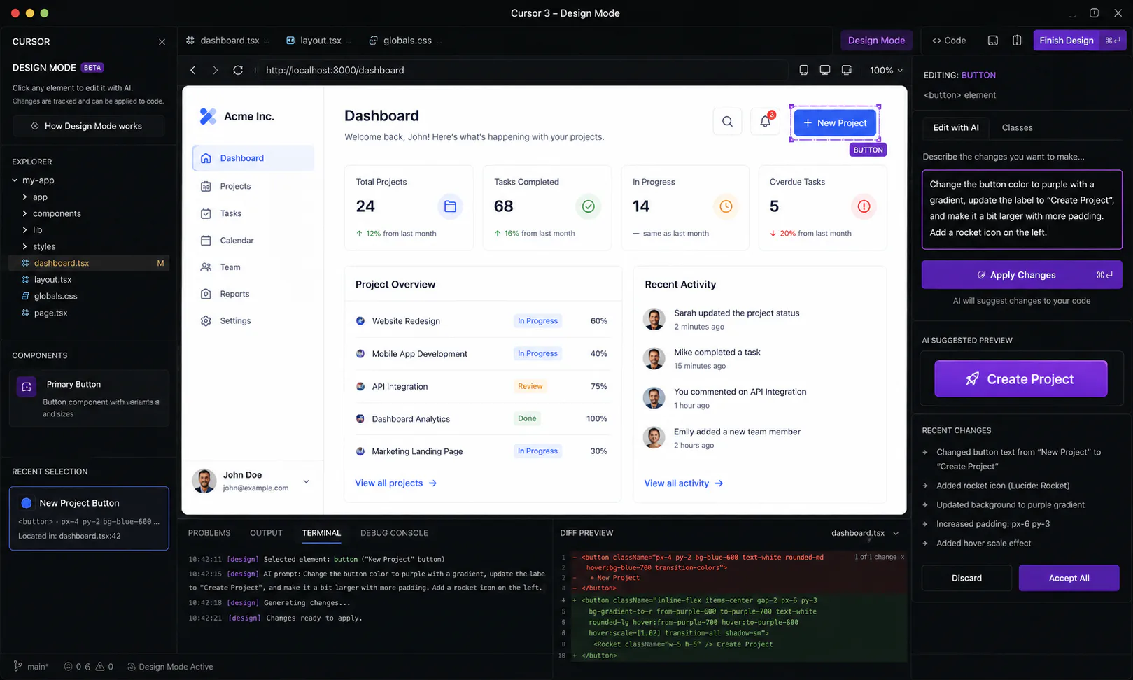 Cursor 3 Design Mode overlay letting you click a UI element and describe changes in natural language