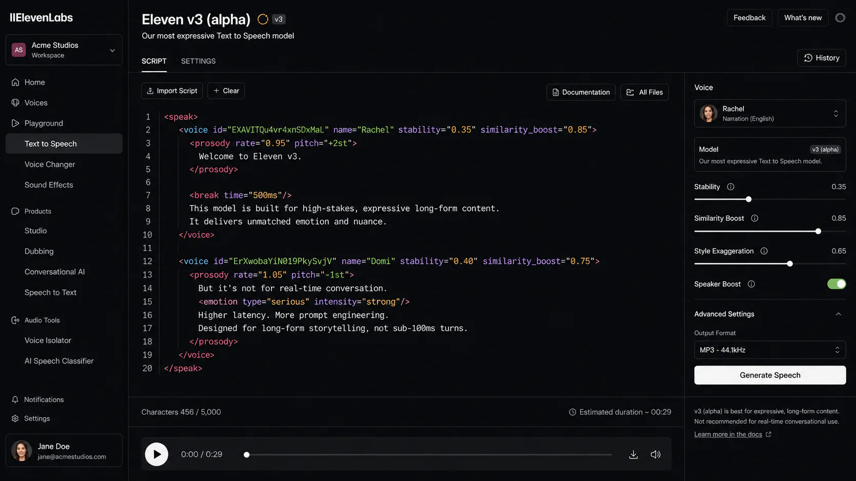 ElevenLabs Eleven v3 script editor showing audio tag syntax with emotional direction markers