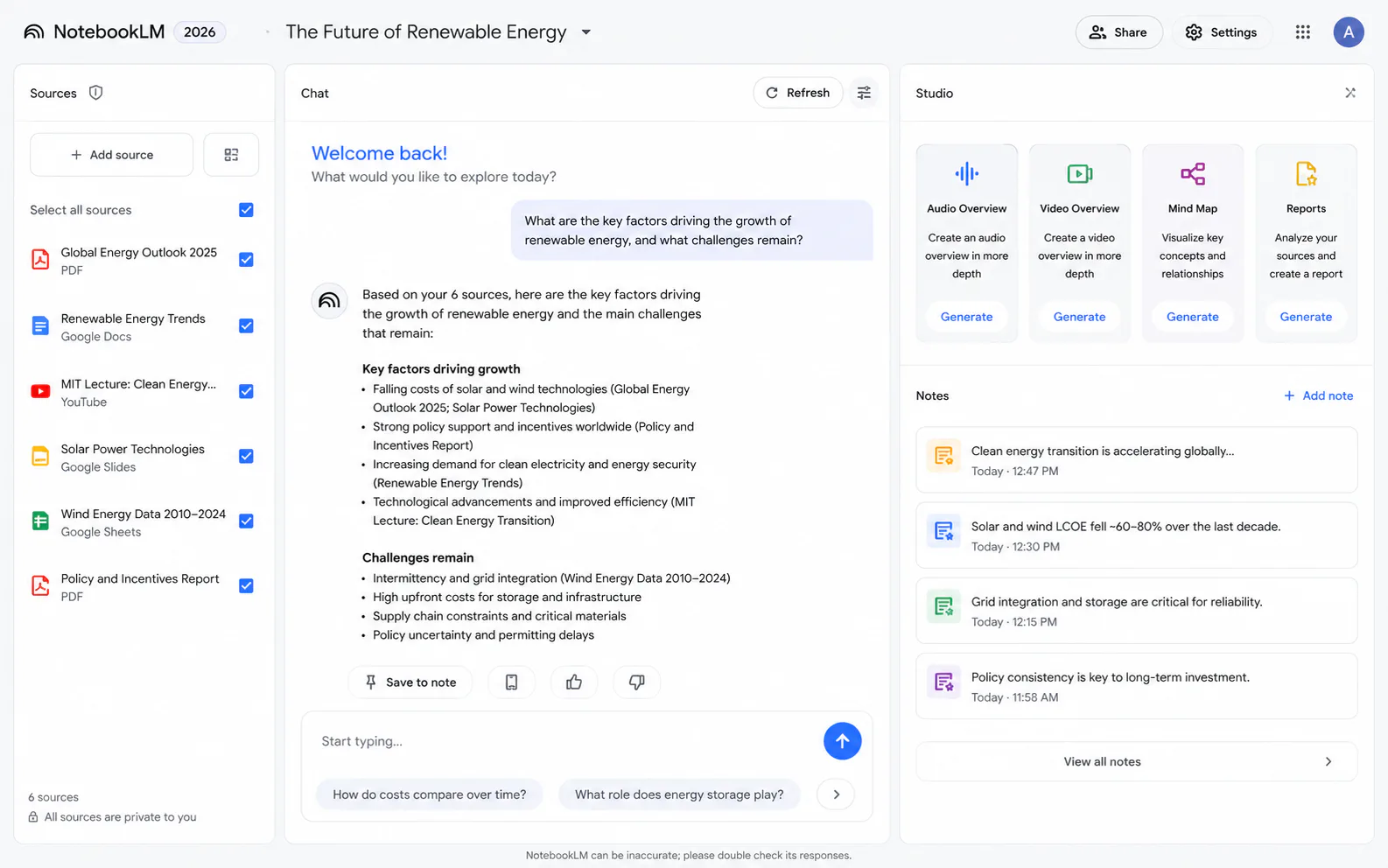 NotebookLM 2026 interface with Sources, Chat, and Studio panels for private document research