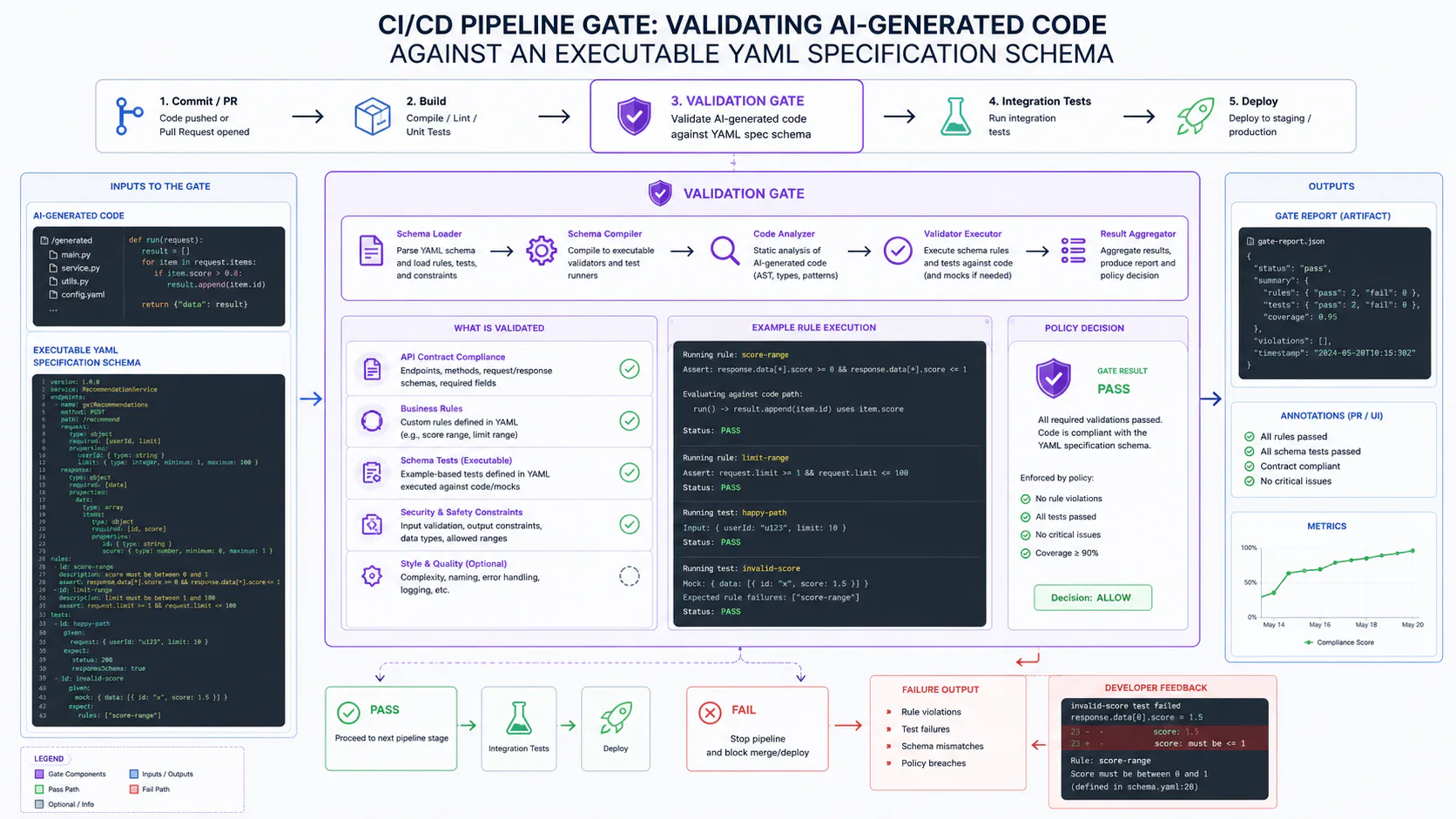 CI/CD pipeline gate validating AI-generated code against an executable YAML specification schema